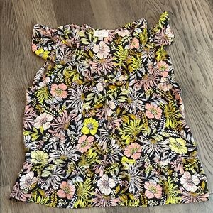 LOFT Black Floral Blouse with Pink and Yellow Accents